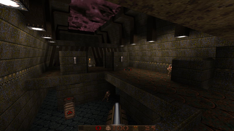 A Quake level with runic textures, angled walls, chamfered edges, and various articulations.