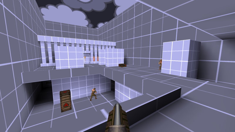 A Quake level with prototype textures and boxy walls.