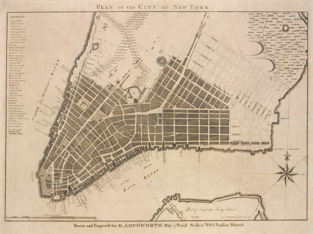 A meticulously-drawn line engraving of Lower Manhattan from around 1799